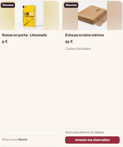 Exemple de réservations de cadeaux dans Listopia, données fictives