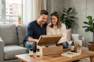 Couple partageant un abonnement cadeau pour homme dans un appartement moderne et cosy