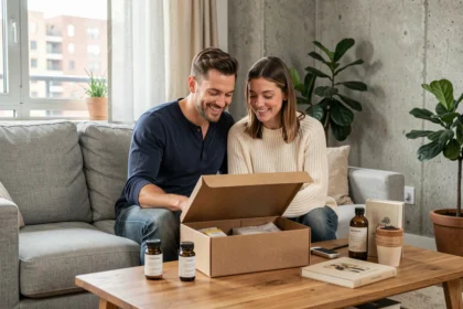 Couple partageant un abonnement cadeau pour homme dans un appartement moderne et cosy