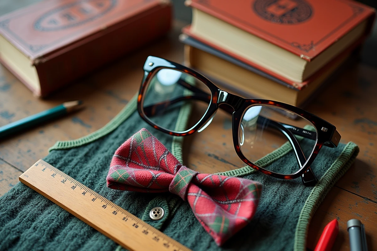 Accessoires de costume professeur ringard avec lunettes cul de bouteille nœud papillon et manuels vintage en flat lay