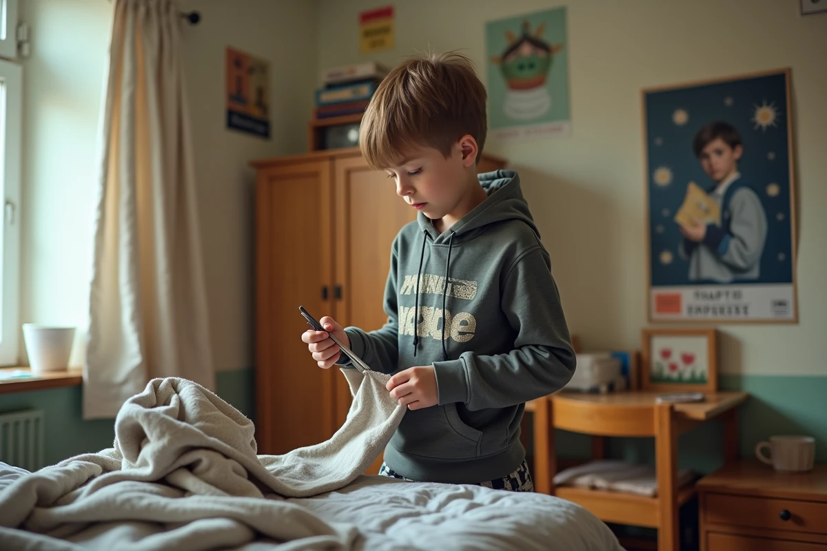 Adolescent transformant un hoodie en sac dans sa chambre