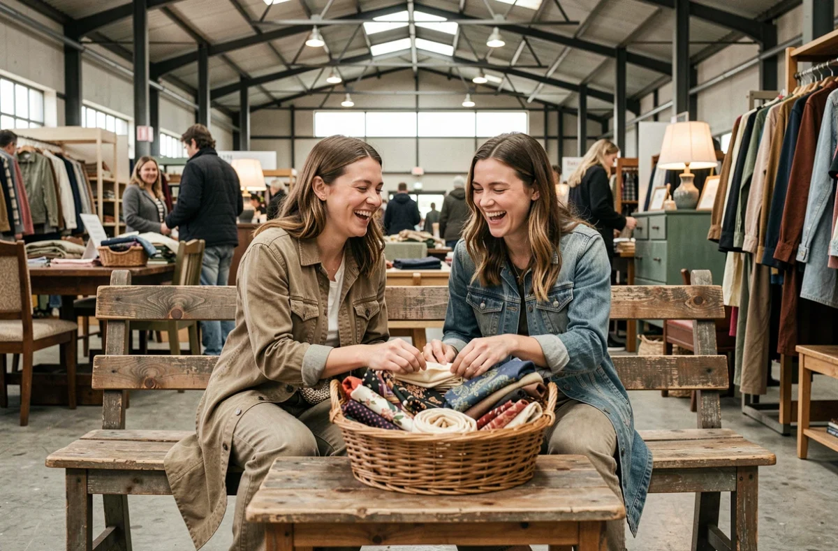 Deux amies qui rient en choisissant des accessoires vintage dans un marché aux puces seconde main
