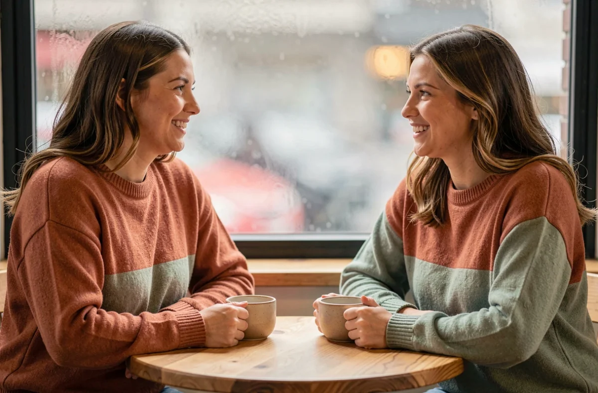 Deux amies en pulls coordonnés terracotta et vert sauge attablées dans un café chaleureux