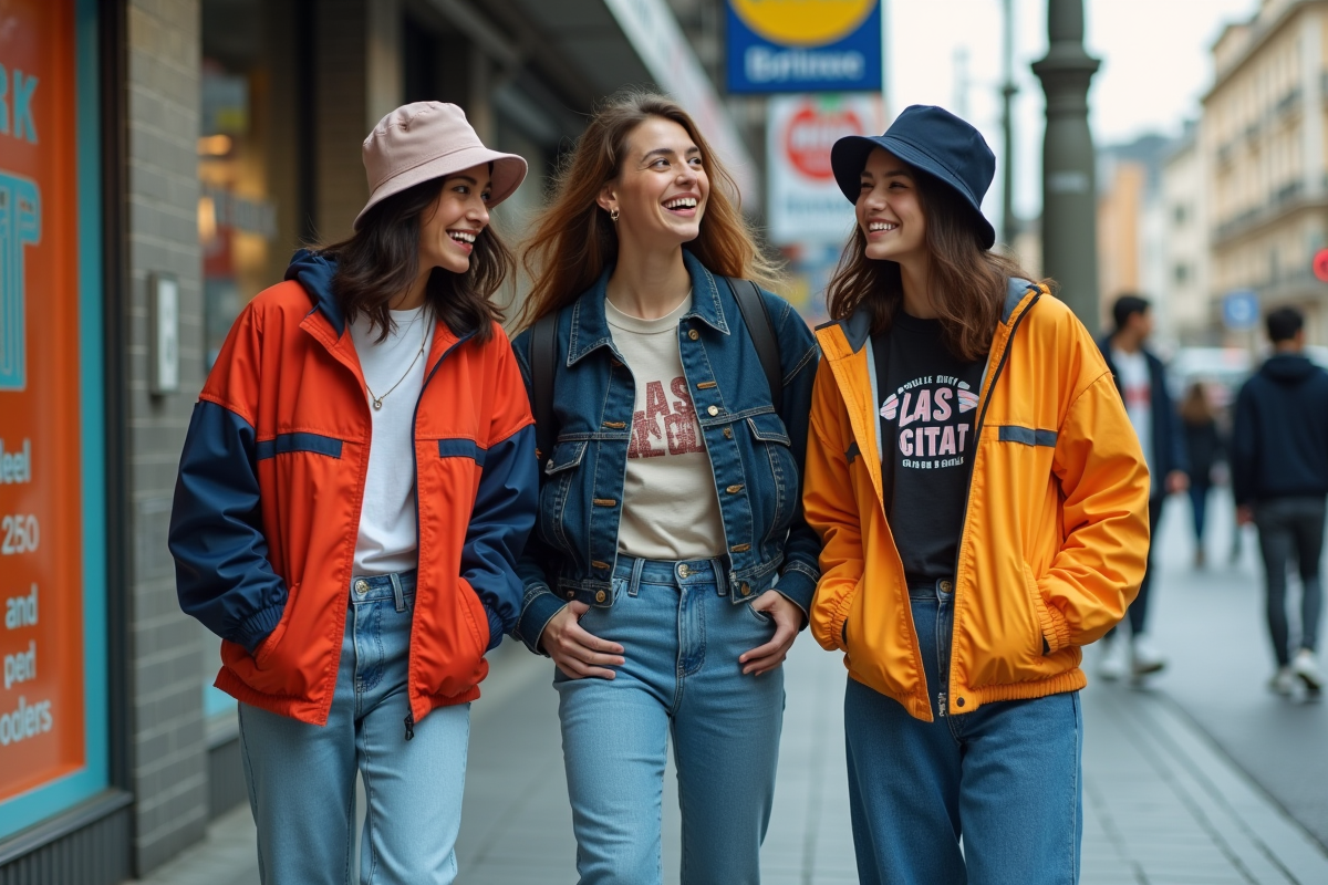 Trois amis en streetwear 90s dans la rue