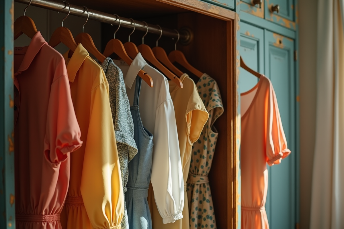 Armoire vintage ouverte avec robes et chemises colorées