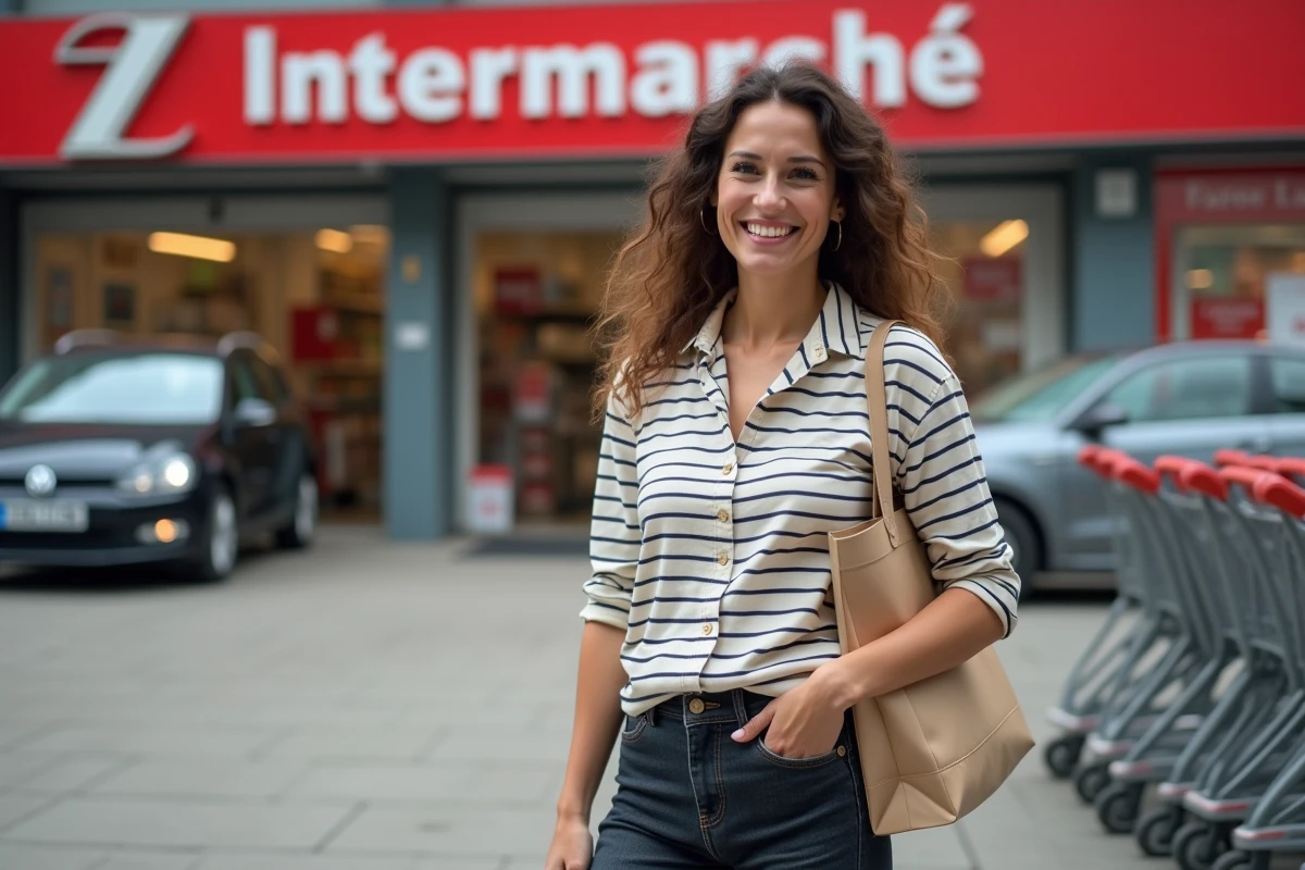 Femme souriante en marinière Armor Lux devant l'entrée d'un magasin Intermarché avec sac de courses
