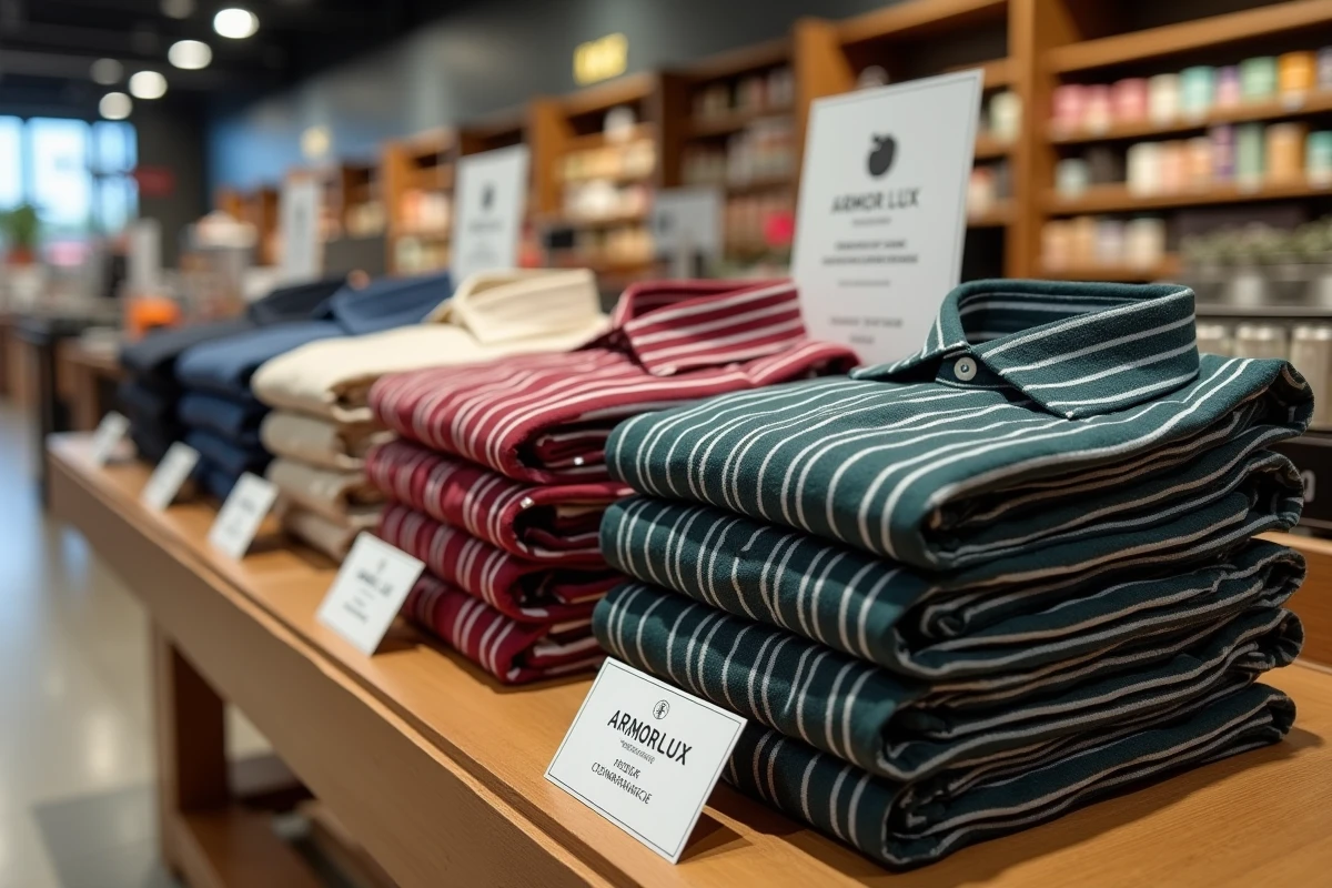 Présentoir de marinières Armor Lux pliées en plusieurs coloris dans un supermarché Intermarché