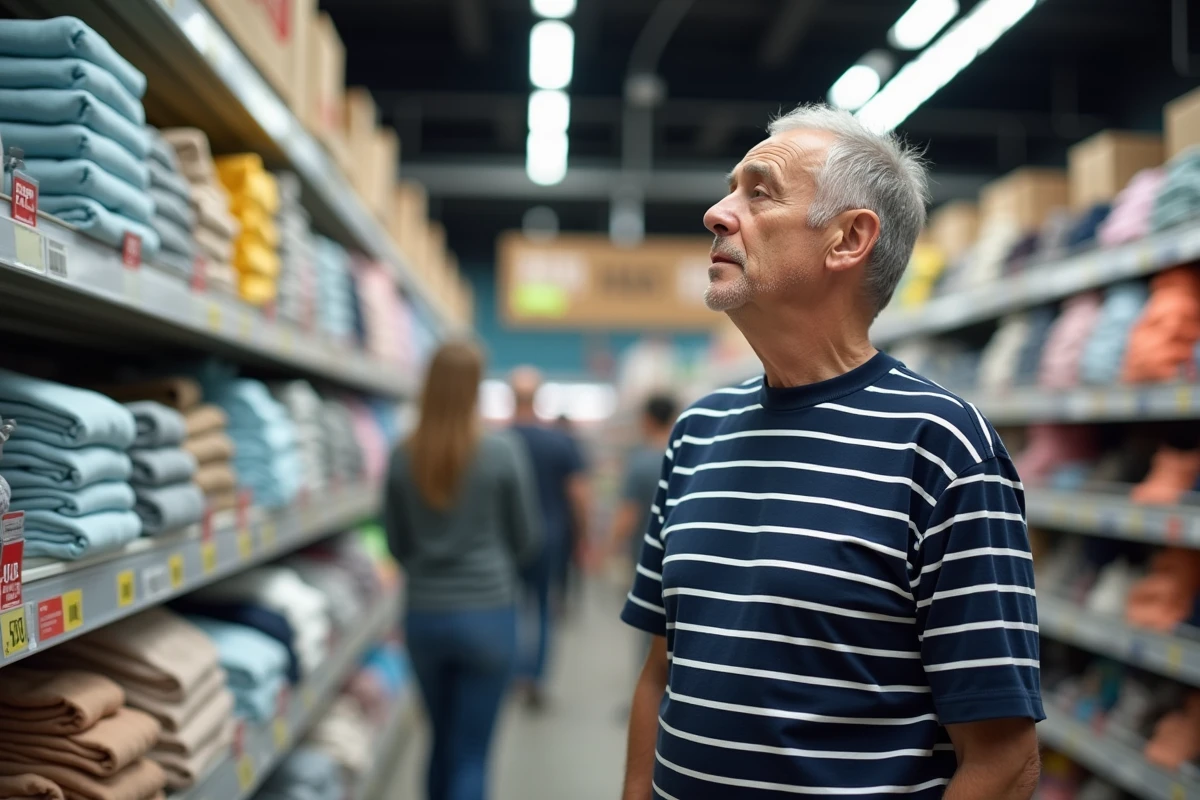Homme portant une marinière Armor Lux rayée bleu marine dans le rayon textile d'un supermarché Intermarché