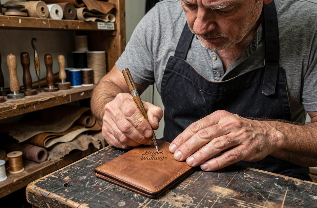 Artisan gravant à la main des initiales sur un portefeuille en cuir dans un atelier de maroquinerie traditionnel
