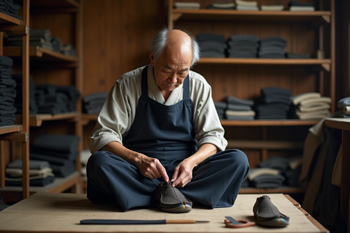 Artisan japonais confectionnant des jikatabi à semelle caoutchouc dans un atelier traditionnel de cordonnerie