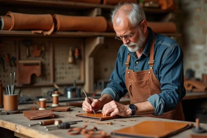 Artisan maroquinier français cousant à la main un portefeuille en cuir végétal dans son atelier traditionnel