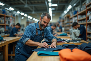 Homme d'âge moyen assemble un sac à l'atelier