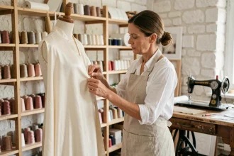 Couturière épinglant un tissu en soie sur un mannequin dans un atelier de couture à Nice, avec des bobines de fil colorées en arrière-plan