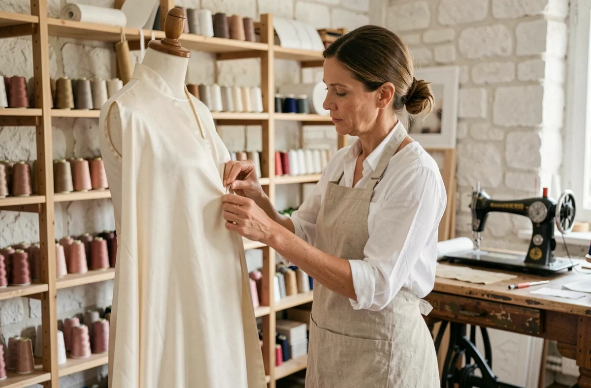 Couturière épinglant un tissu en soie sur un mannequin dans un atelier de couture à Nice, avec des bobines de fil colorées en arrière-plan