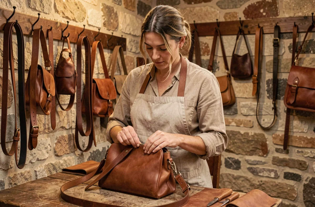 Artisane de L'Atelier du Cuir à Saint-Désert cousant à la main un sac en cuir dans son atelier-boutique aux murs en pierre