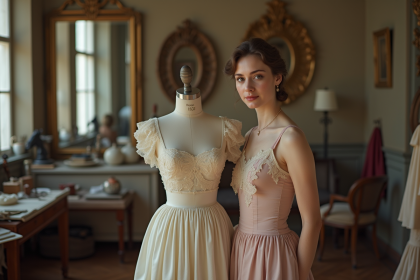 Jeune femme &eacute;l&eacute;gante dans un atelier de mode parisien
