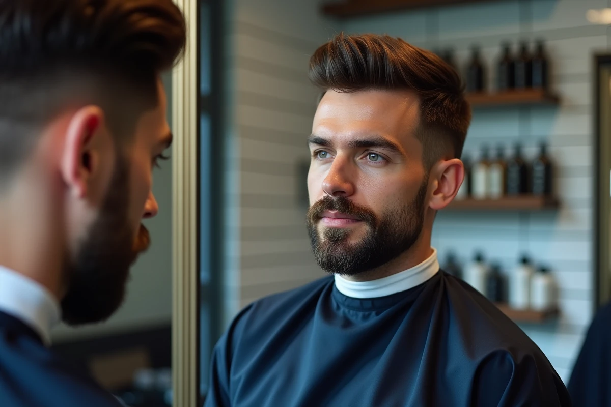 Homme avec visage rond et barbichette bien taillée dans un salon de coiffure moderne