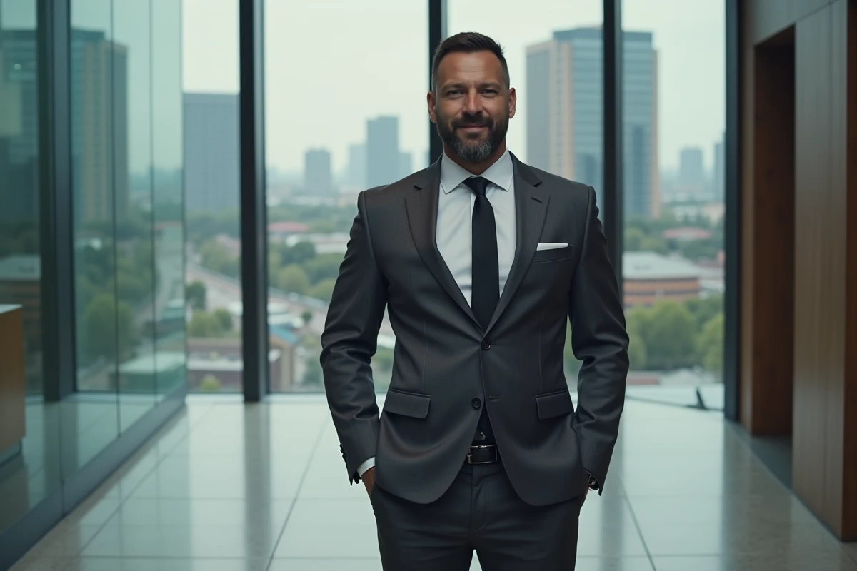 Homme en costume avec barbichette affinant les traits d'un visage rond en milieu professionnel urbain