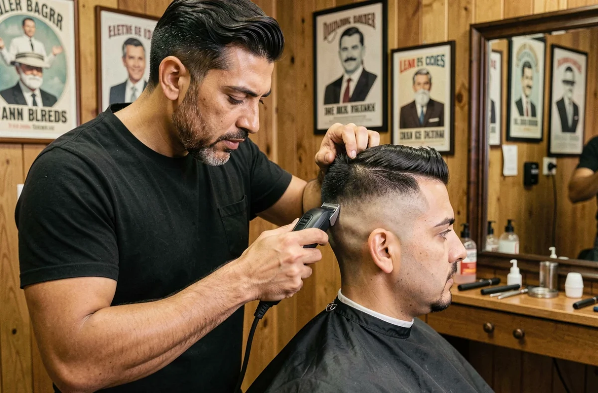 Barbier réalisant un dégradé espagnol précis sur un client au visage rond, vue rapprochée technique en salon
