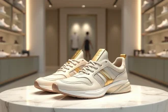 Paire de baskets de luxe ultra-premium posée sur un socle en marbre blanc dans une boutique haut de gamme, avec des détails en cuir et accents dorés