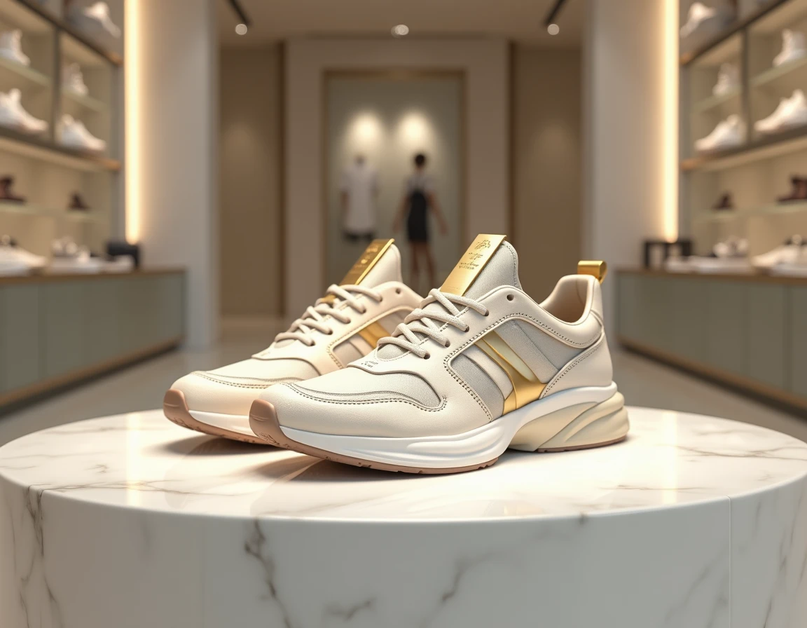 Paire de baskets de luxe ultra-premium posée sur un socle en marbre blanc dans une boutique haut de gamme, avec des détails en cuir et accents dorés