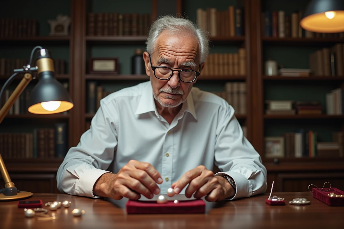 Bijoutier v&eacute;rifiant des perles avec une loupe sur son &eacute;tabli