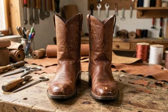 Paire de bottes western cowboy en cuir véritable posée sur un établi d'artisan bottier avec outils de maroquinerie en arrière-plan