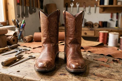 Paire de bottes western cowboy en cuir véritable posée sur un établi d'artisan bottier avec outils de maroquinerie en arrière-plan
