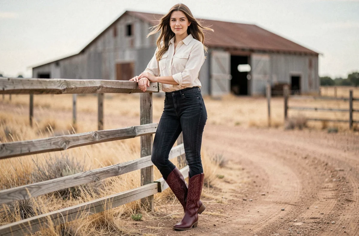 Femme portant des bottes cowboy vegan bordeaux avec jean brut dans un ranch aux États-Unis, comparaison cuir synthétique