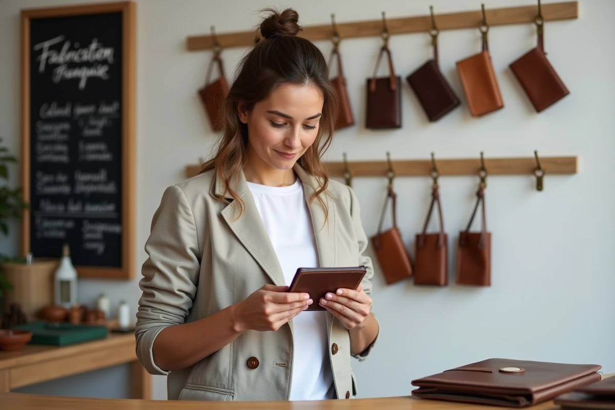 Cliente inspectant un portefeuille personnalisé dans une boutique de maroquinerie artisanale française