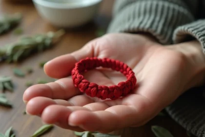 Bracelet fil rouge à 7 nœuds posé sur une paume ouverte avec sauge séchée en arrière-plan