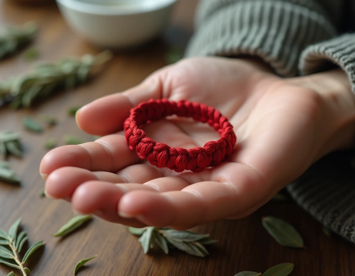 Bracelet fil rouge à 7 nœuds posé sur une paume ouverte avec sauge séchée en arrière-plan