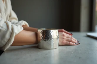 Bracelet large martelé en argent porté sur un poignet féminin posé sur béton brut, finition artisanale mise en valeur en gros plan
