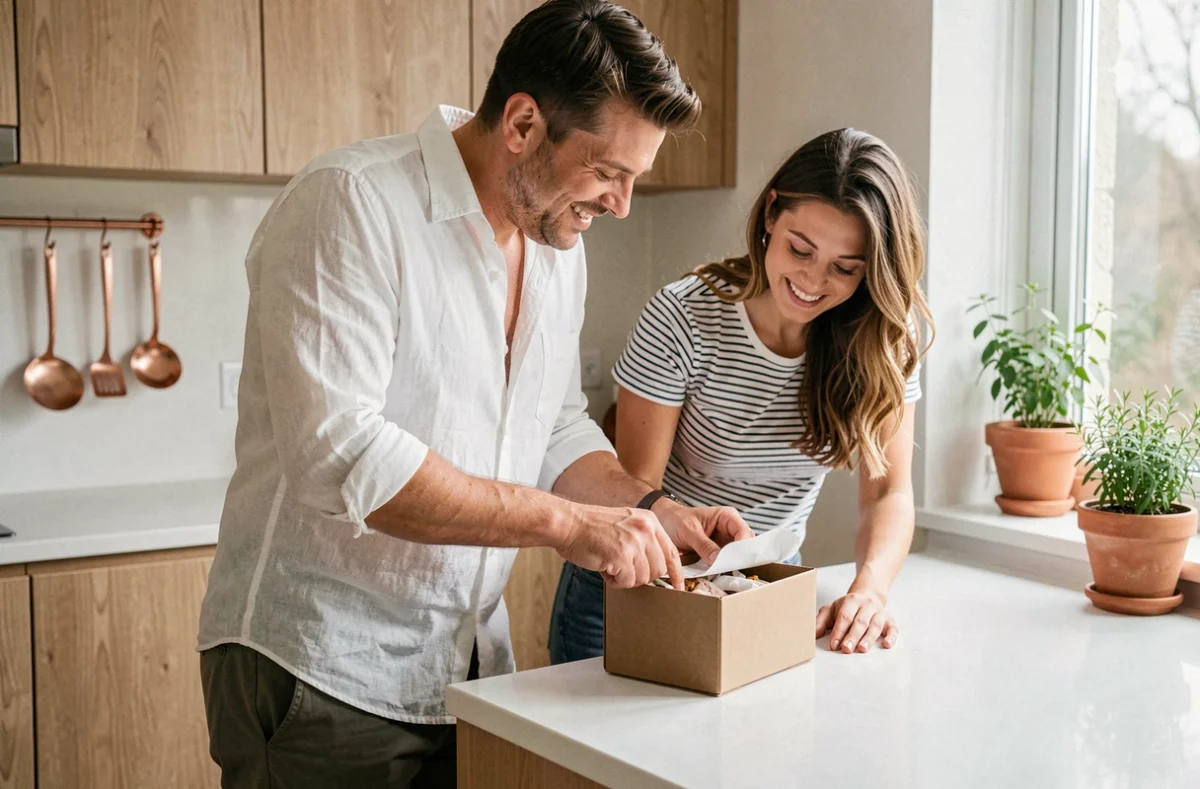 Homme découvrant un abonnement cadeau avec sa partenaire dans une cuisine moderne