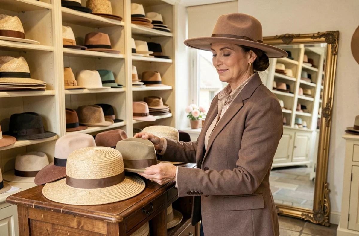 Vendeuse de Chapeau la Vie à Buxy présentant une sélection de chapeaux artisanaux sur un présentoir en bois vintage