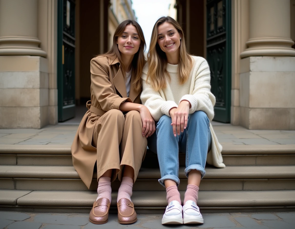 Deux amies assises sur des marches en pierre portant des chaussettes paillettes colorées avec des mocassins, ambiance parisienne