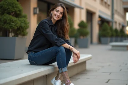 Femme portant des chaussettes paillettes dorées et argentées avec des sneakers blanches dans un cadre urbain