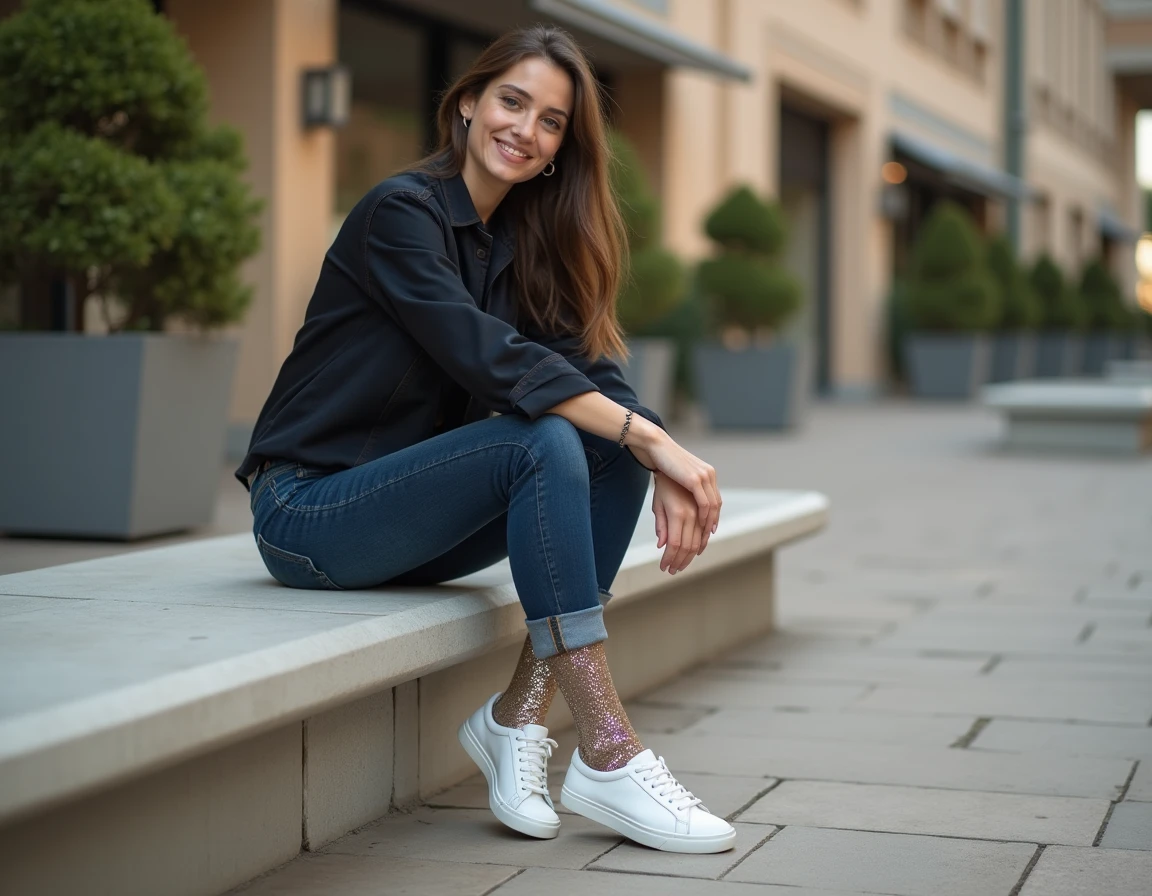 Femme portant des chaussettes paillettes dorées et argentées avec des sneakers blanches dans un cadre urbain