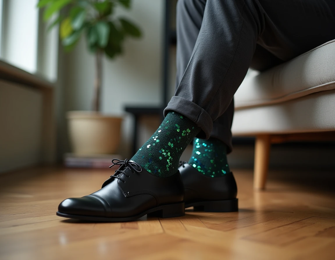 Chaussettes paillettes bleu nuit et vert émeraude portées avec un pantalon de tailleur et des richelieus noirs sur parquet
