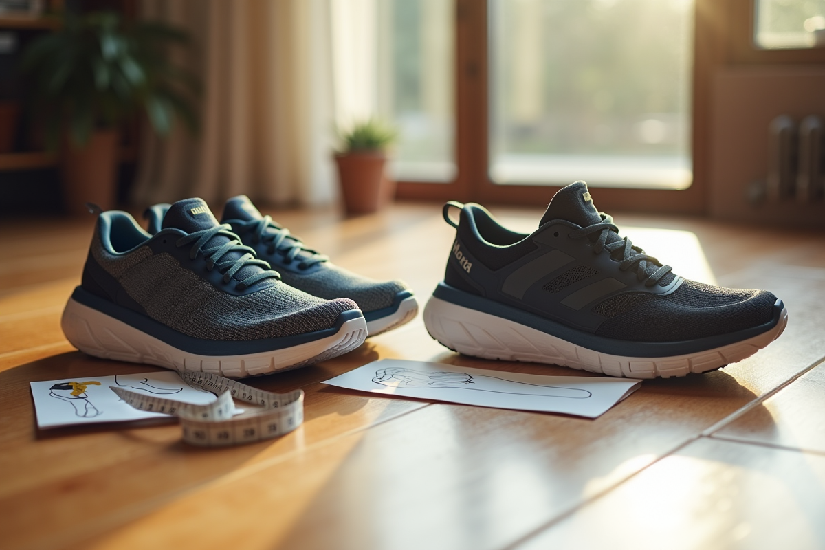 Deux paires de chaussures Hoka avec mètre et modèle de pied