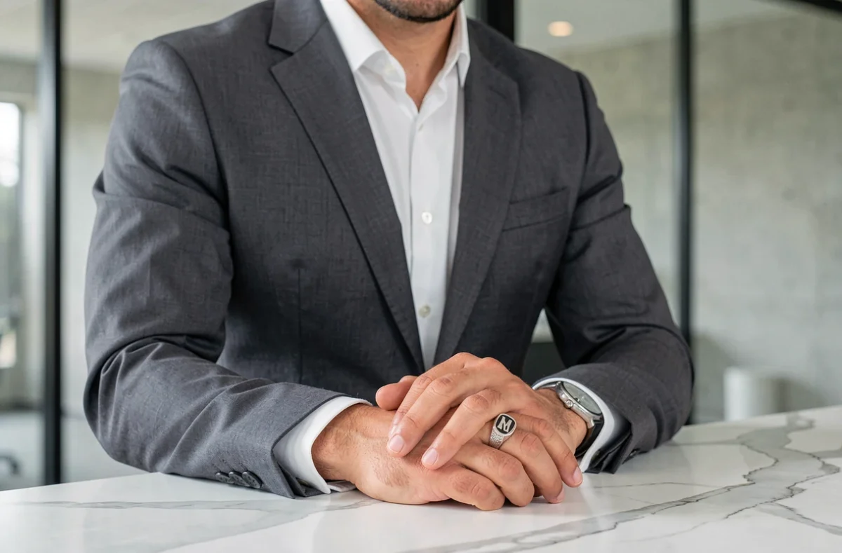 Homme en costume gris portant une chevalière en argent à l'index dans un bureau moderne minimaliste