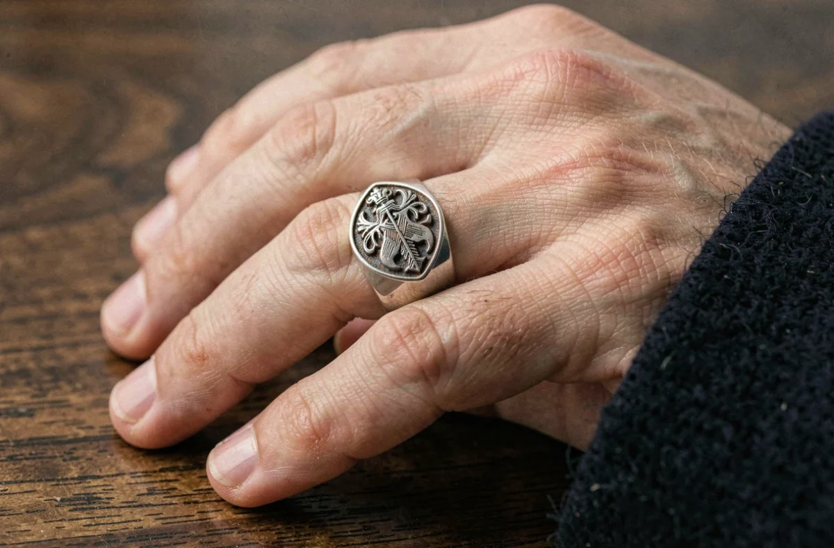 Chevalière pour homme en argent avec motif héraldique gravé portée à la main, posée sur une surface en bois de noyer
