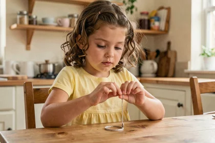 Fillette examinant un bracelet en argent pour enfant à la table de cuisine familiale, illustrant l'importance de bien choisir un bijou pour enfant