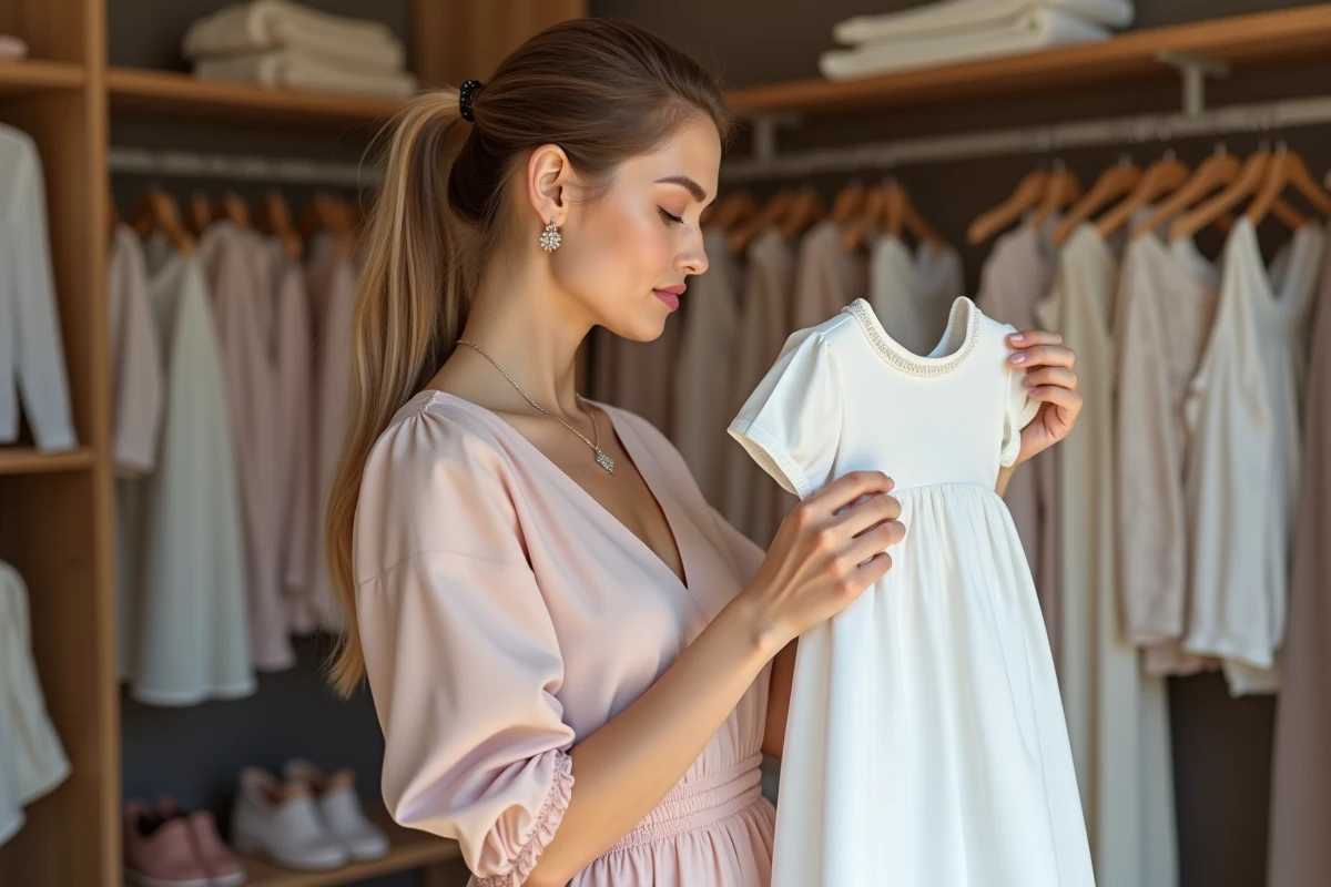 Jeune maman tenant une robe de baptême pour bébé 6 mois devant elle dans une boutique de vêtements pour nourrissons