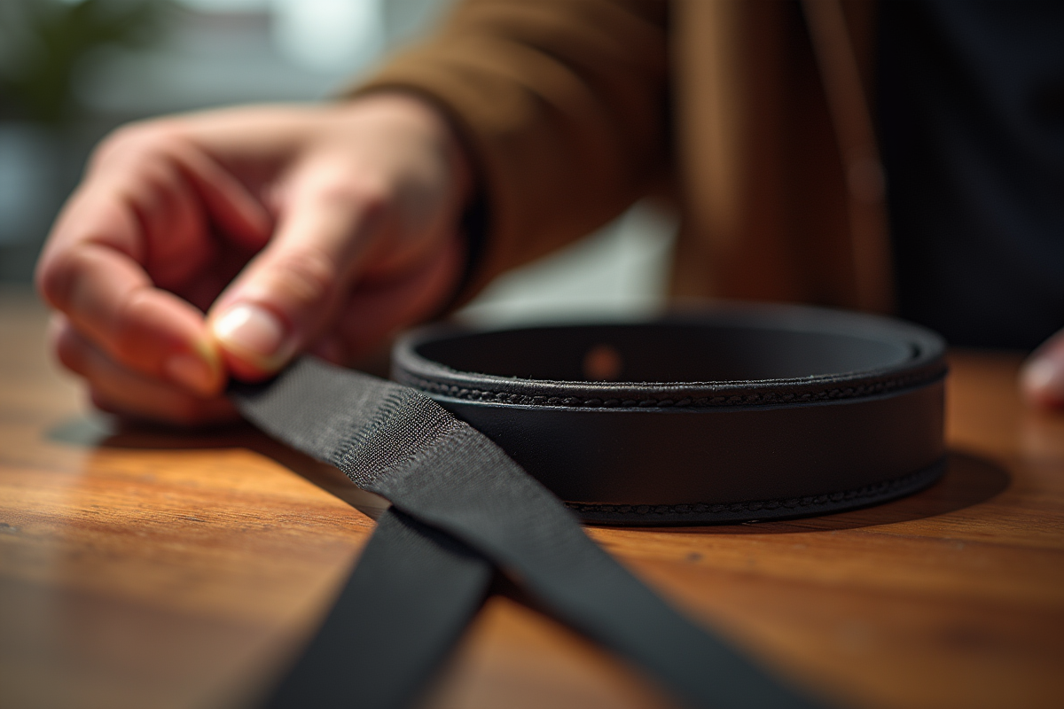 Zoom sur une main tirant une bande elastique de haute qualite sur un ceinture en cuir
