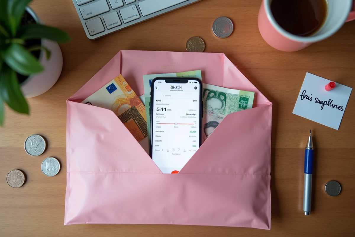 Vue aérienne d'un colis SHEIN ouvert avec pièces de monnaie et note de frais supplémentaires sur un bureau