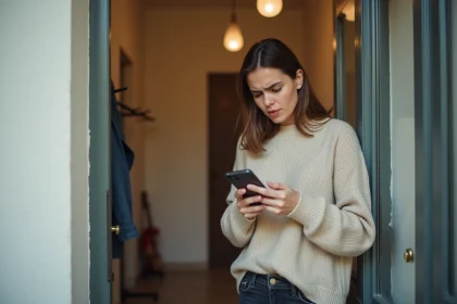 Femme vérifiant son téléphone devant sa porte après une livraison Shein marquée comme livrée mais colis absent