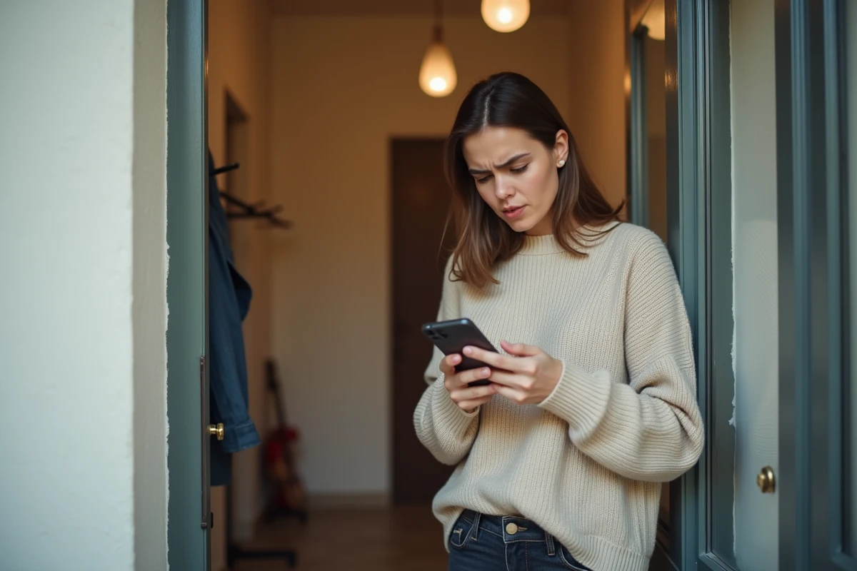 Femme vérifiant son téléphone devant sa porte après une livraison Shein marquée comme livrée mais colis absent