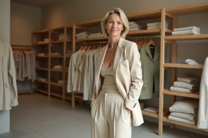 Femme élégante portant une collaboration de mode GRAIN d3 et Estelle Lefébure dans une boutique parisienne minimaliste