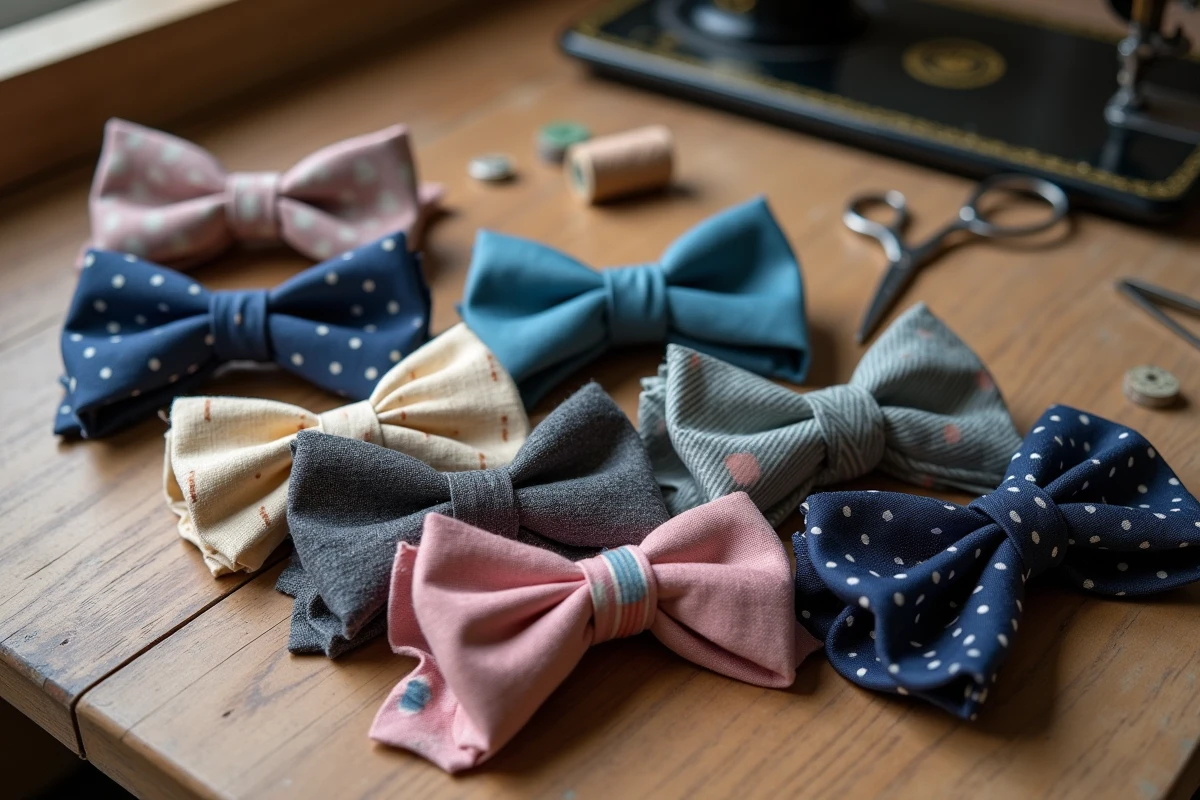 Collection de six noeuds papillons faits main en tissus artisanaux variés disposés sur une table d'atelier en chêne